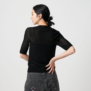 ウールナイロン クルーネックハーフスリーブカーディガン