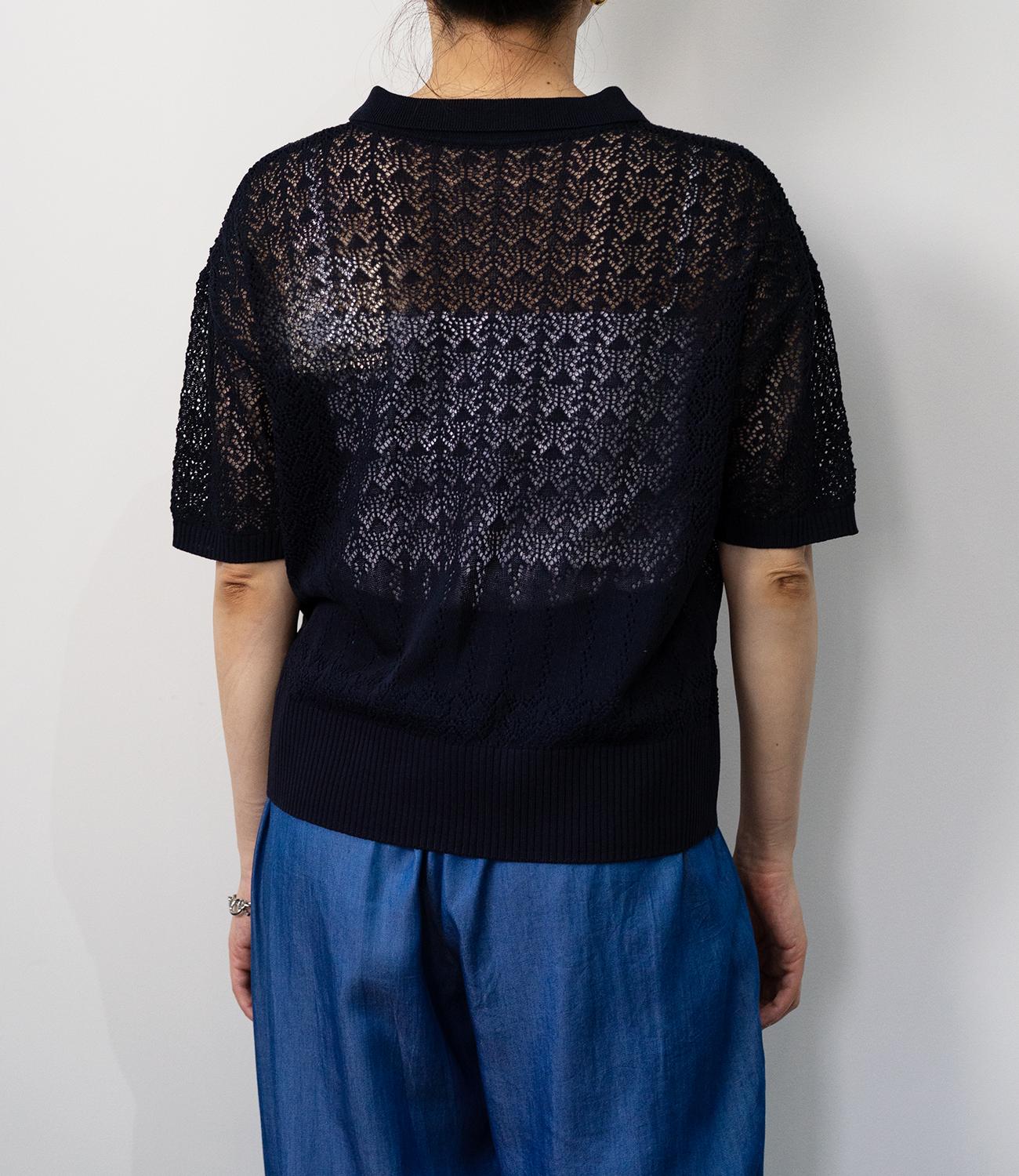 透かし編みポロニットトップス