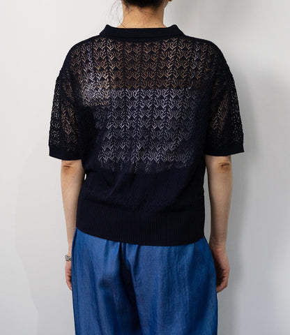 透かし編みポロニットトップス