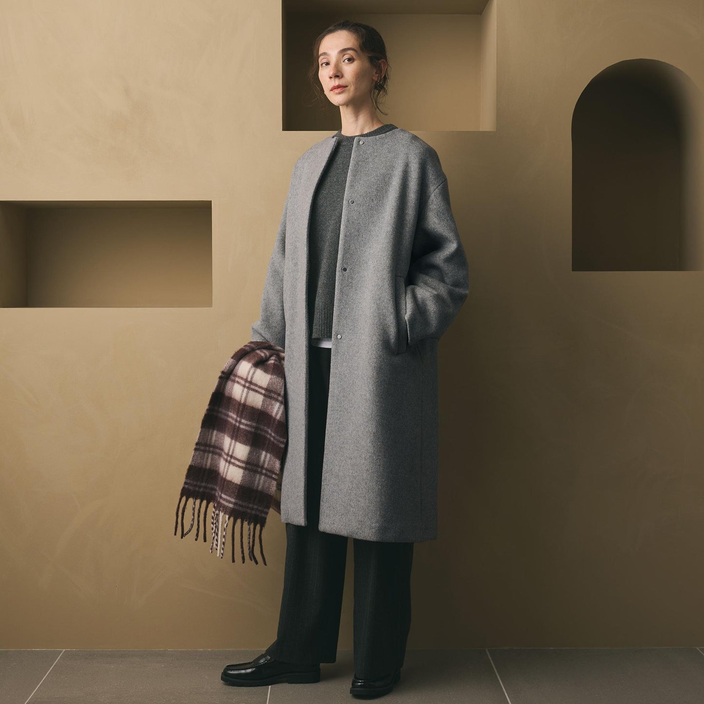 毛ナイロン ノーカラーコート