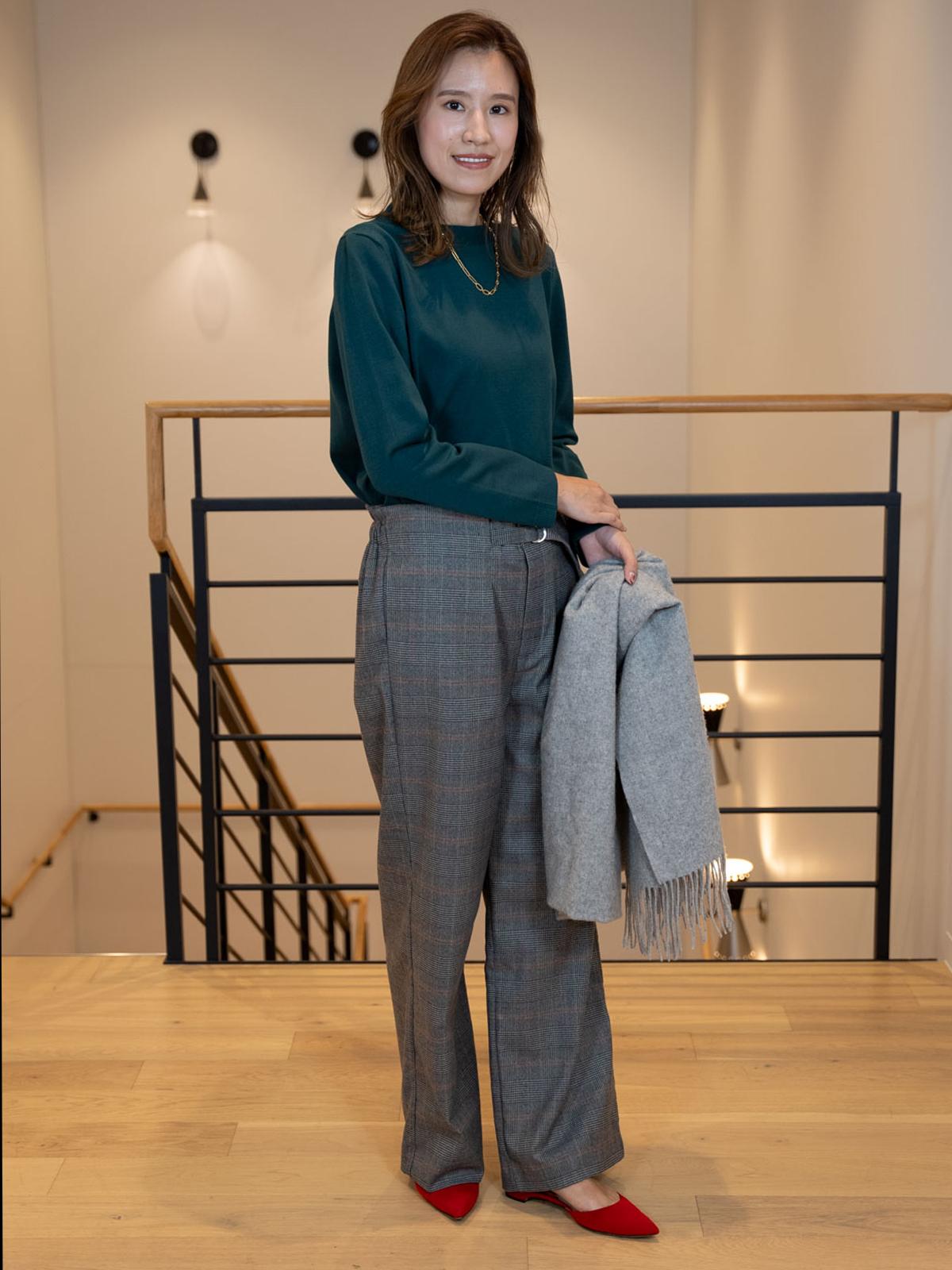 ワイドチェック柄ベルトパンツ