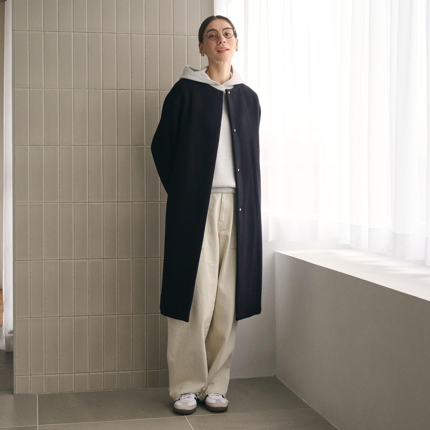 毛ナイロン ノーカラーコート