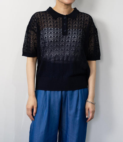 透かし編みポロニットトップス