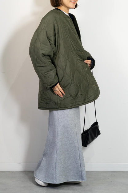 リバーシブルボアキルティングノーカラーアウター