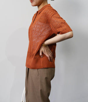 透かし編みポロニットトップス