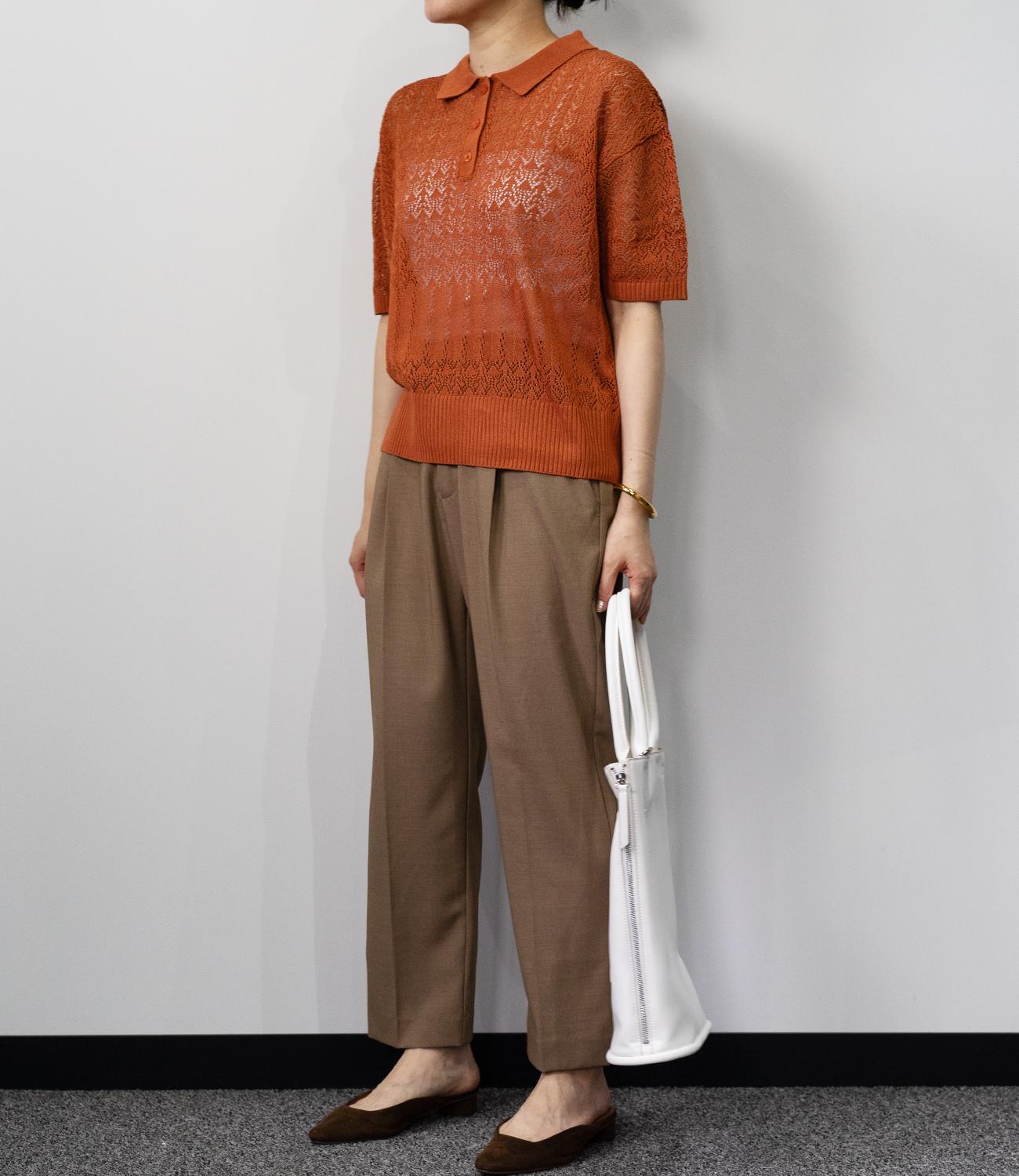 透かし編みポロニットトップス