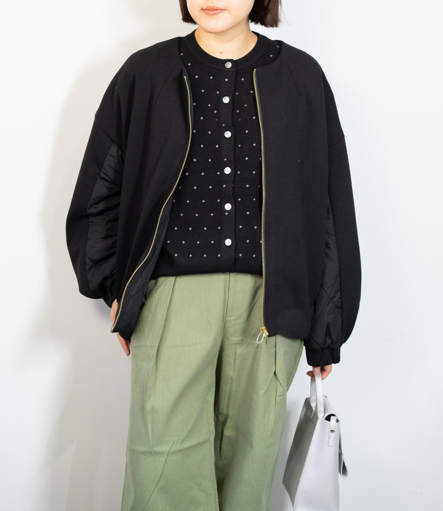 キルティング切替ノーカラーコート