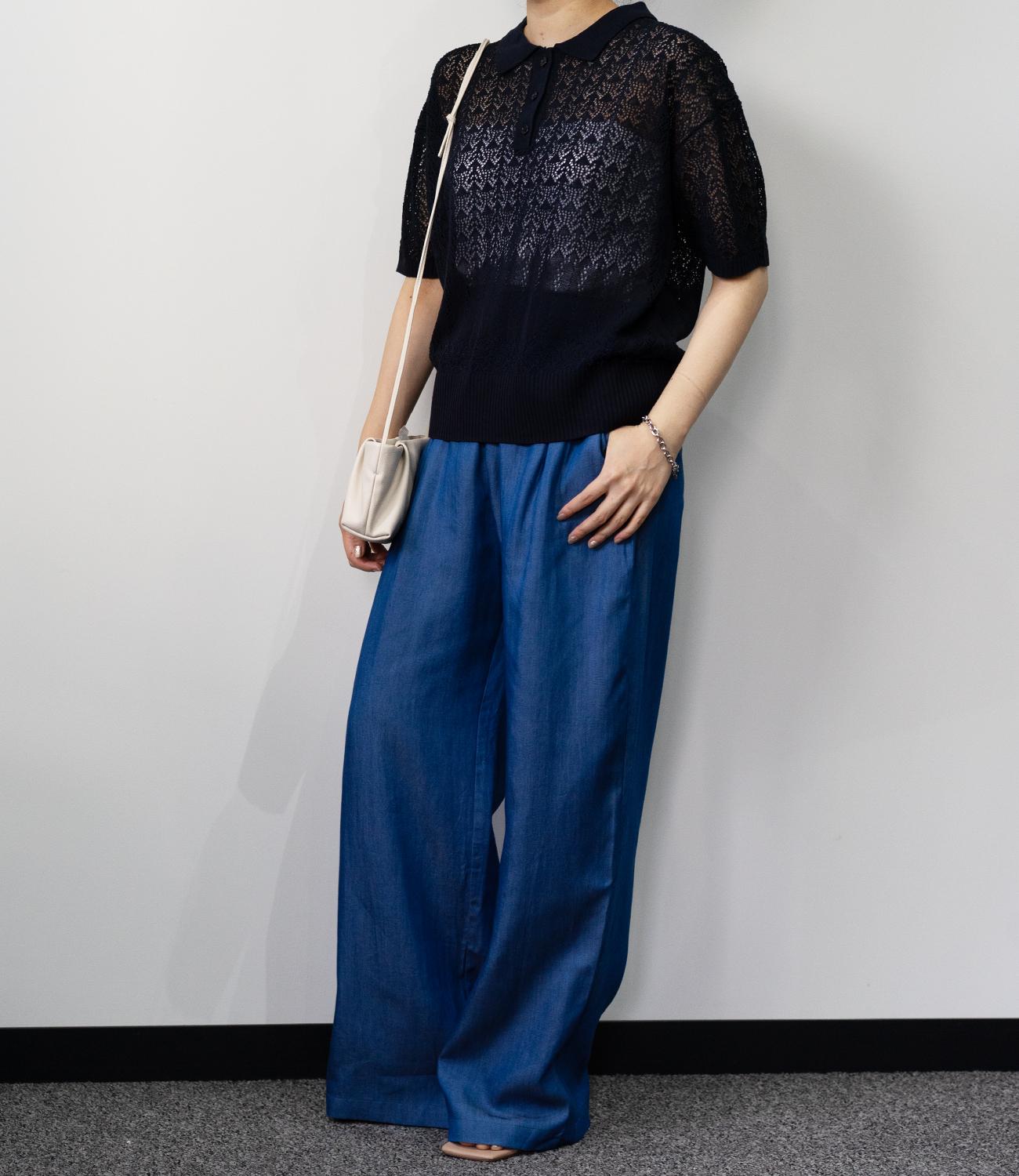 透かし編みポロニットトップス