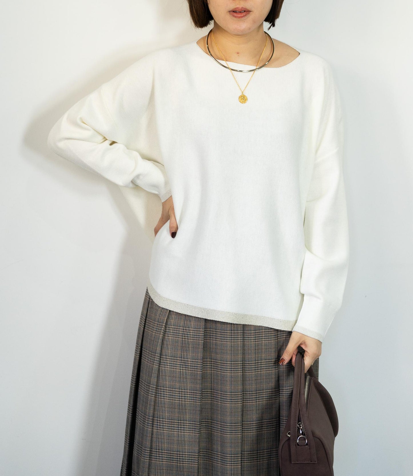 ラメボートネックラウンドニット