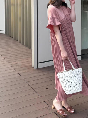 フリルシャーリング切り替えワンピース