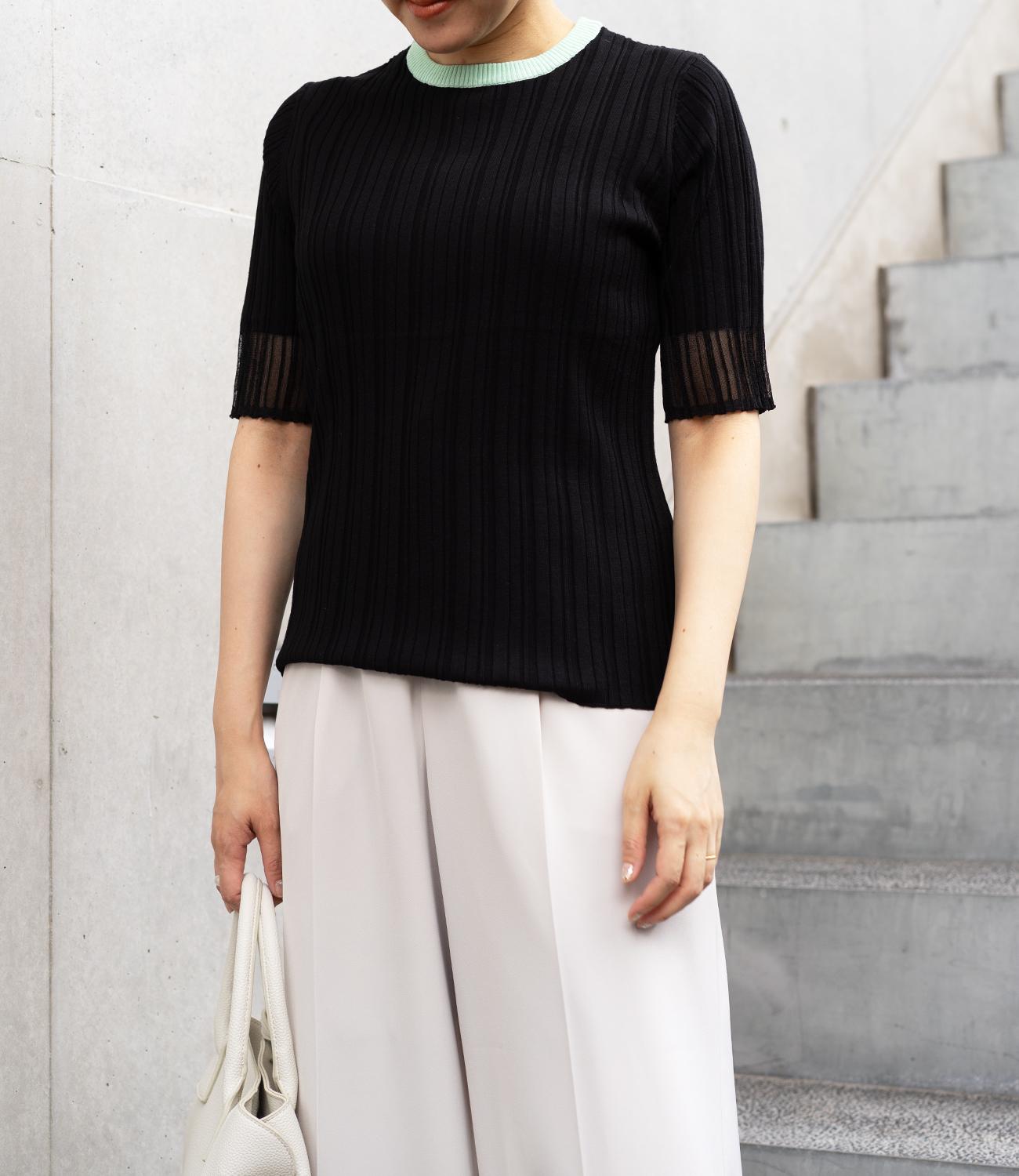 バイカラーシアースリーブスリムニット