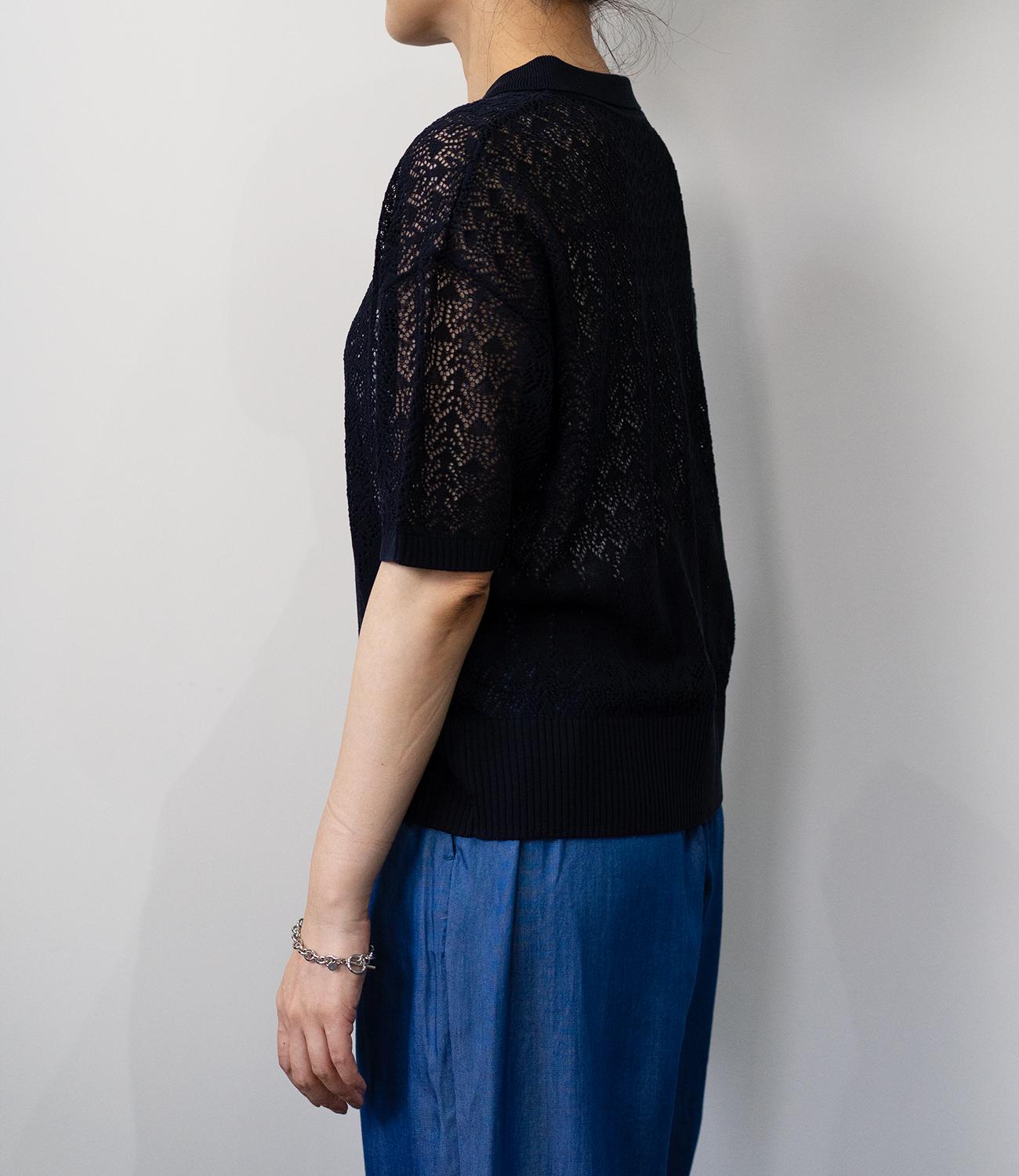 透かし編みポロニットトップス