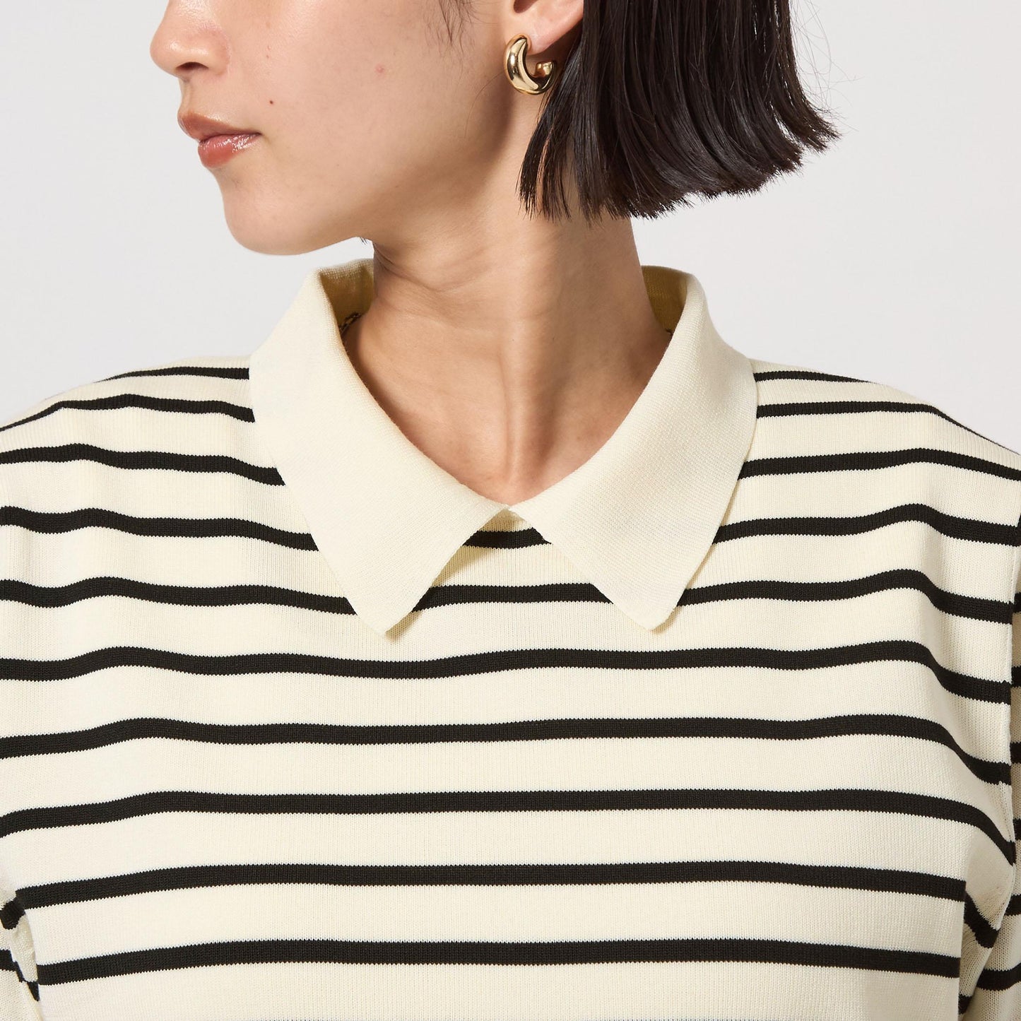 襟付き 5分袖 プルオーバー ニット