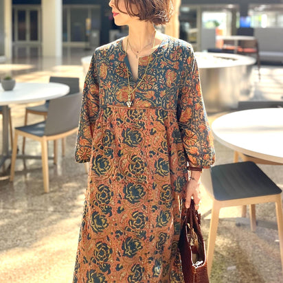 カディーアンドコー　ブロックプリントピンタックフロントオープンワンピース カディーアンドコー ブロックプリントピンタックフロント