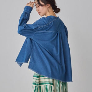 バンドカラーカジュアルデニムシャツ