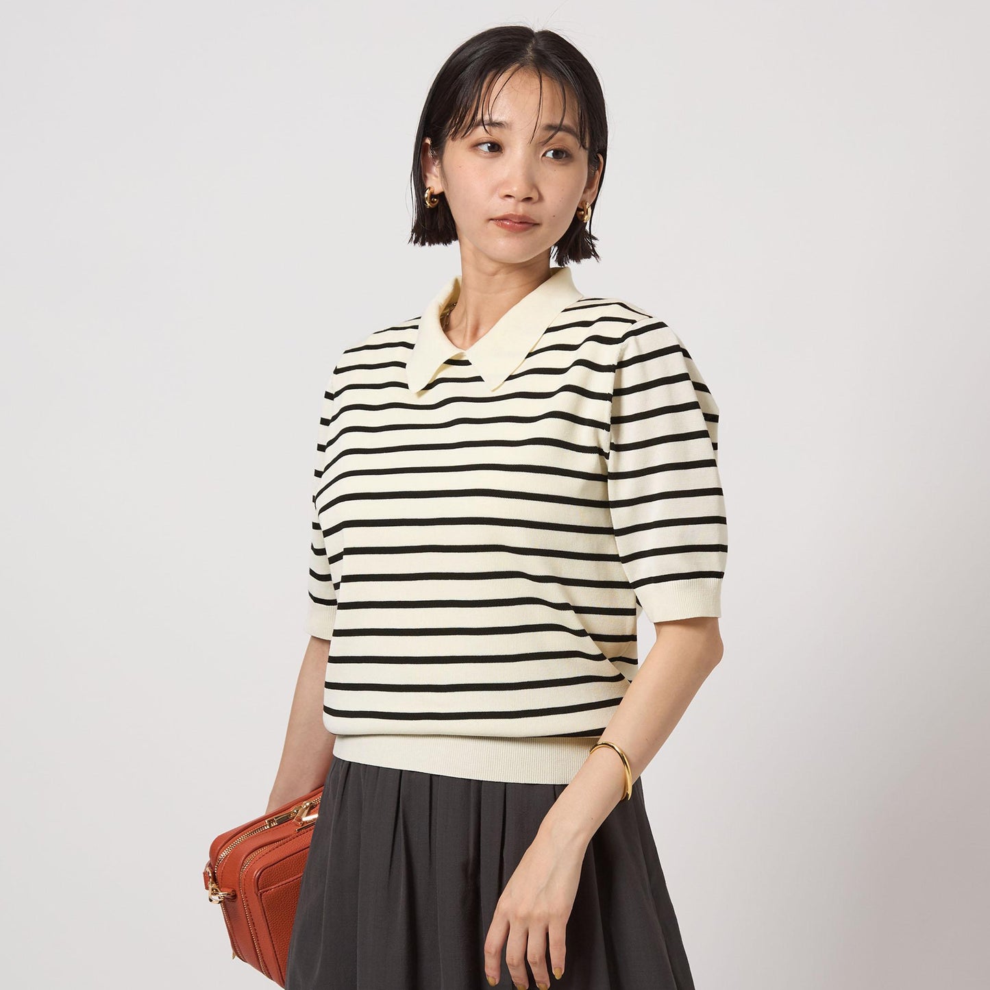 襟付き 5分袖 プルオーバー ニット