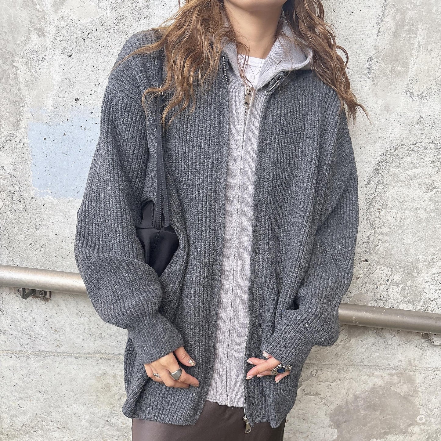レイヤードニットジップアップ