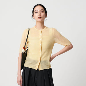 ウールナイロン クルーネックハーフスリーブカーディガン