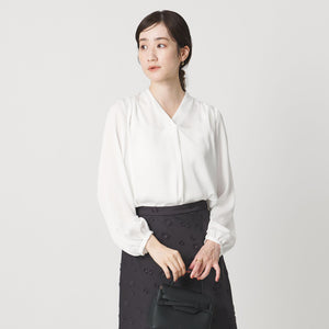 バック サテン Vネック ロングスリーブ ブラウス ‐ウォッシャブル‐