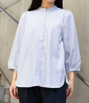 ストライプギャザースリーブブラウス