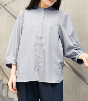 ストライプギャザースリーブブラウス