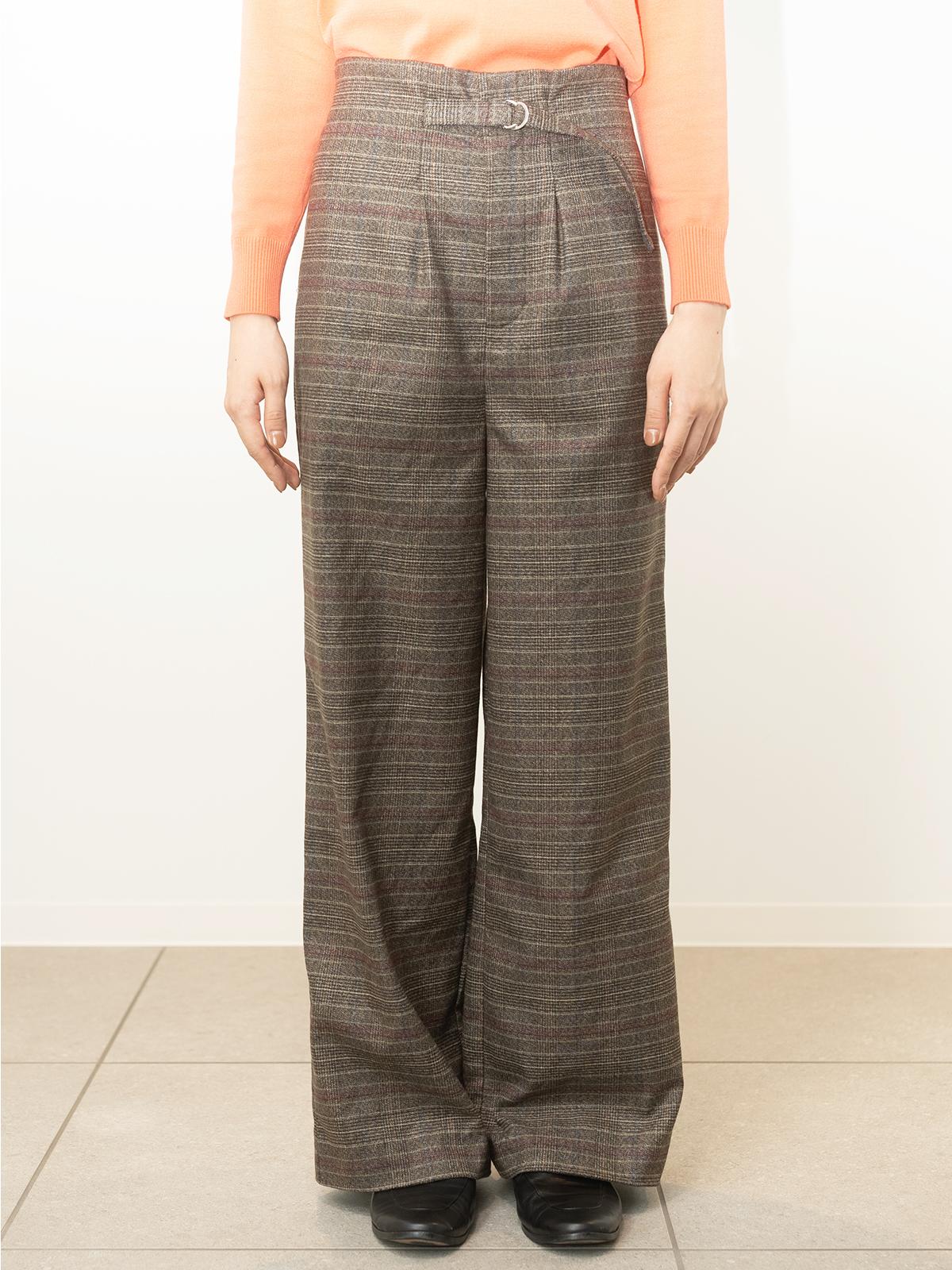 ワイドチェック柄ベルトパンツ