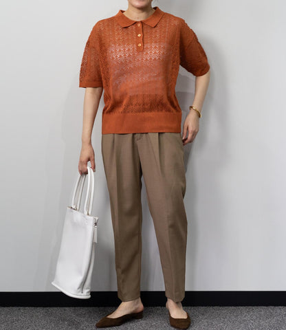 透かし編みポロニットトップス