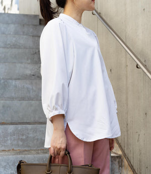 ストライプギャザースリーブブラウス