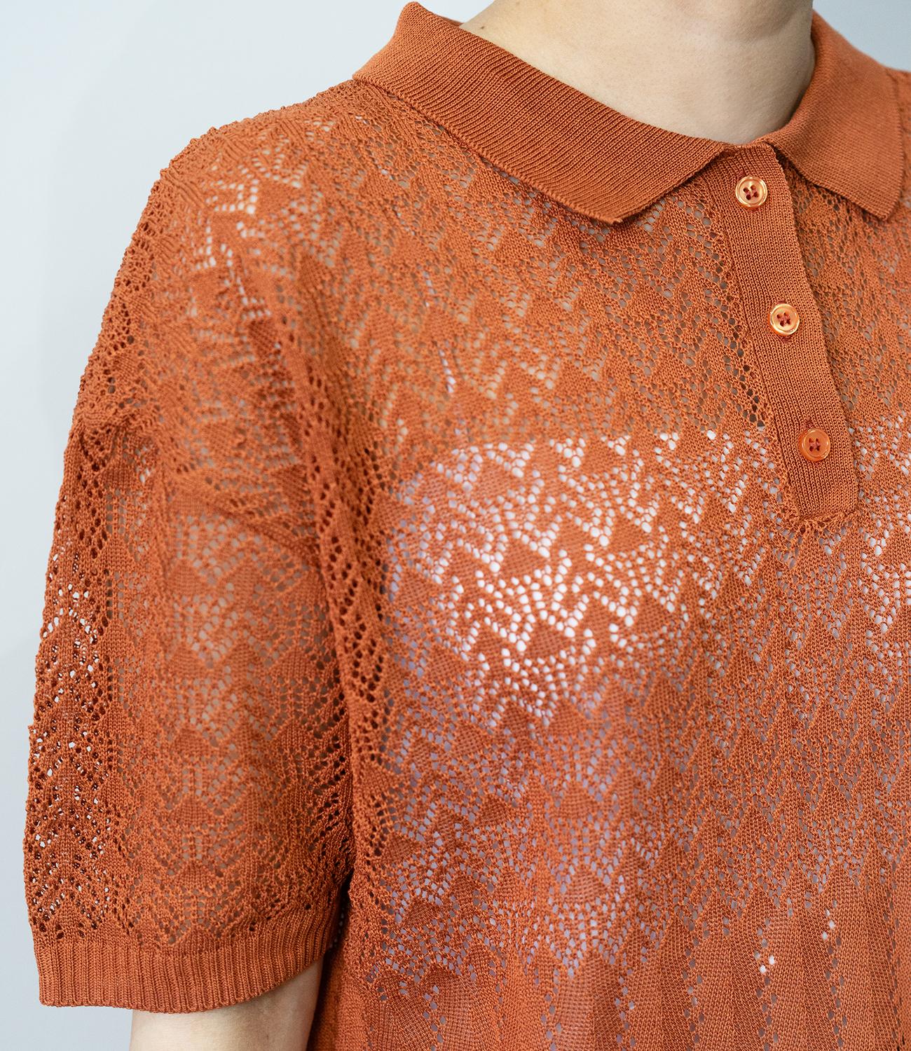 透かし編みポロニットトップス