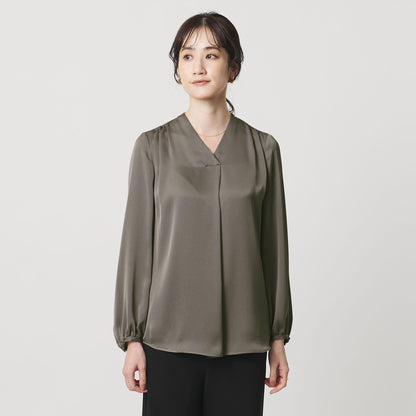 バック サテン Vネック ロングスリーブ ブラウス ‐ウォッシャブル‐