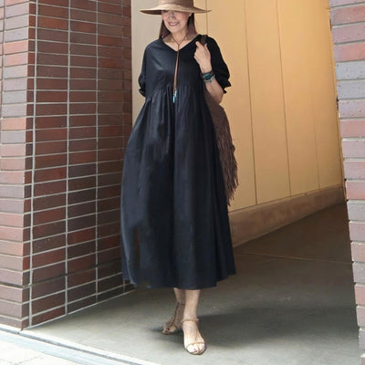 袖シャーリングVネックロングワンピース