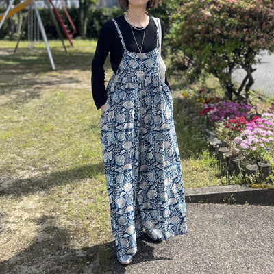 BLOCKPRINT ネイビーボタニカルサロペット