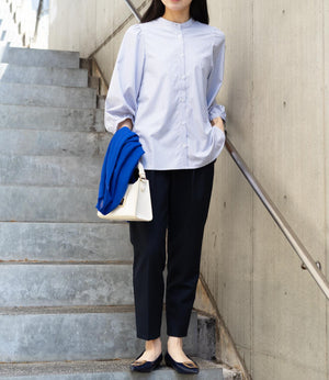 ストライプギャザースリーブブラウス