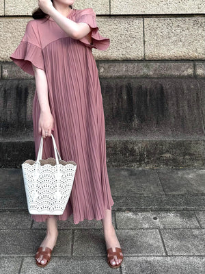 フリルシャーリング切り替えワンピース