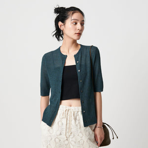 ウールナイロン クルーネックハーフスリーブカーディガン