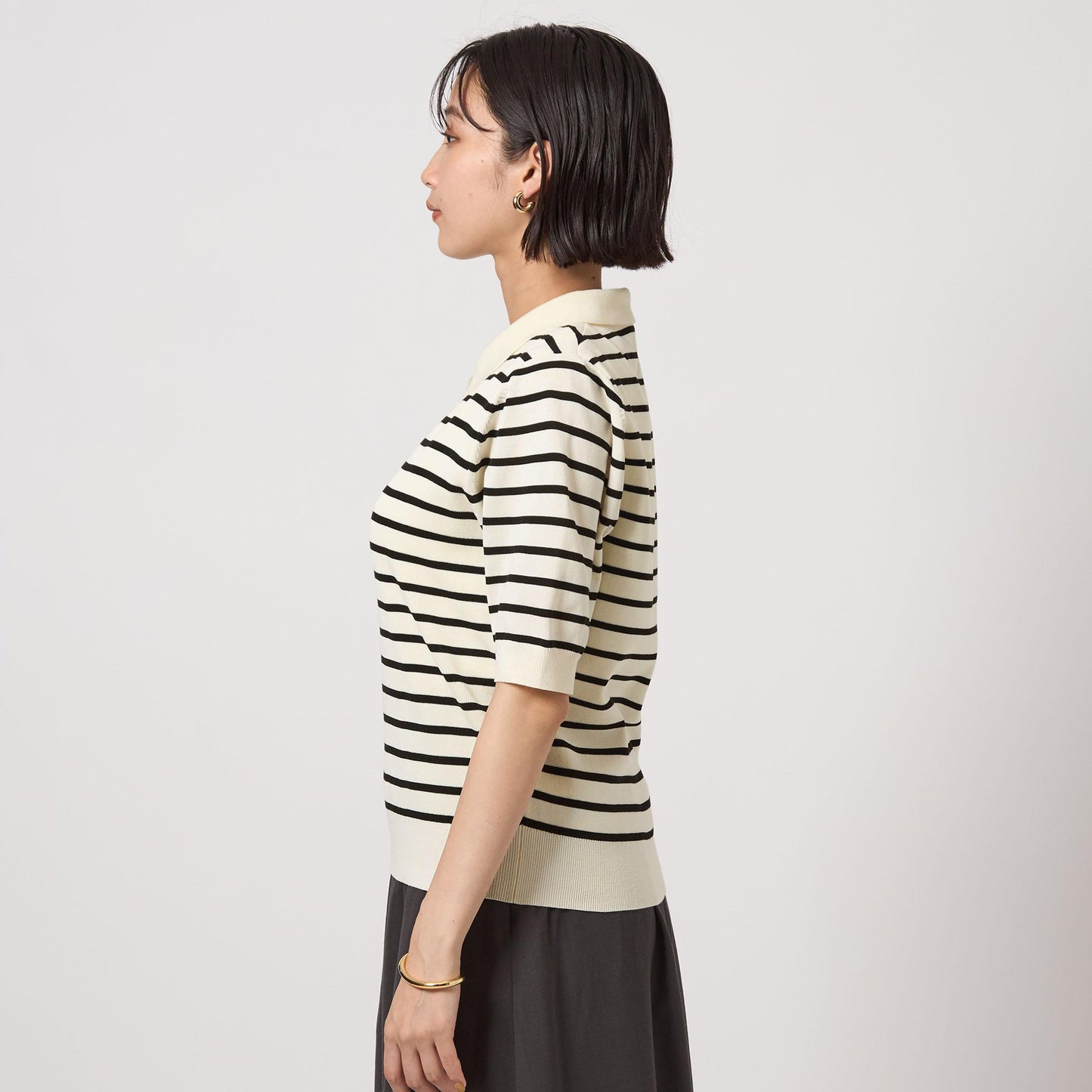 襟付き 5分袖 プルオーバー ニット