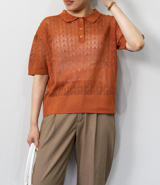 透かし編みポロニットトップス