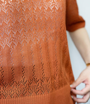 透かし編みポロニットトップス