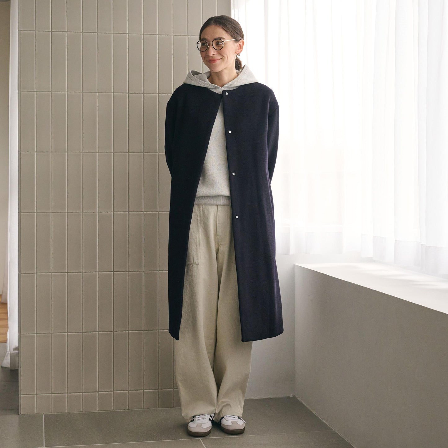 毛ナイロン ノーカラーコート