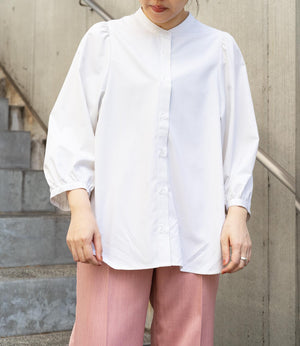 ストライプギャザースリーブブラウス