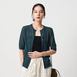 ウールナイロン クルーネックハーフスリーブカーディガン