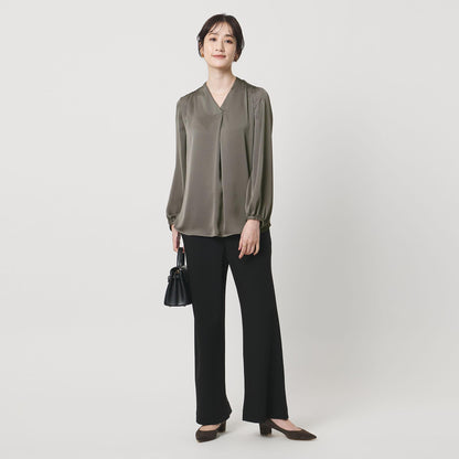 バック サテン Vネック ロングスリーブ ブラウス ‐ウォッシャブル‐