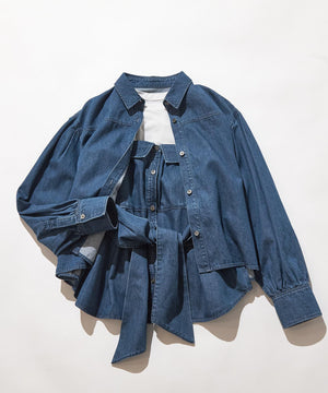 ライトダンガリー クロップド ボリュームスリーブ シャツ