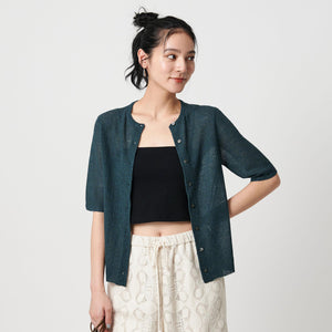 ウールナイロン クルーネックハーフスリーブカーディガン