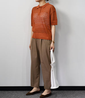 透かし編みポロニットトップス