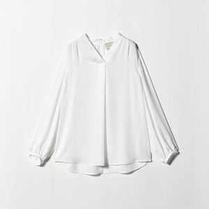 バック サテン Vネック ロングスリーブ ブラウス ‐ウォッシャブル‐