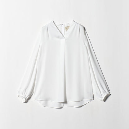 バック サテン Vネック ロングスリーブ ブラウス ‐ウォッシャブル‐