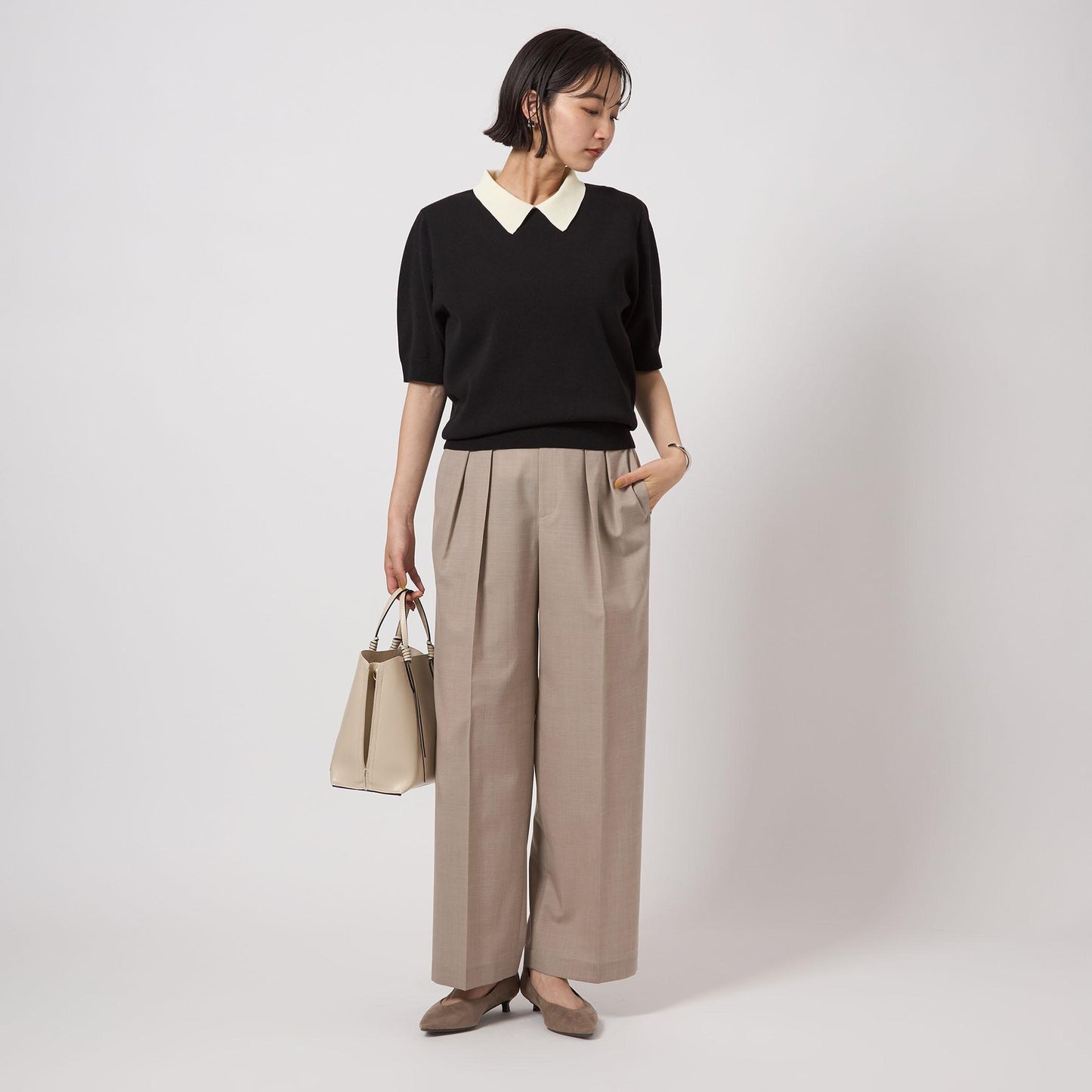 襟付き 5分袖 プルオーバー ニット