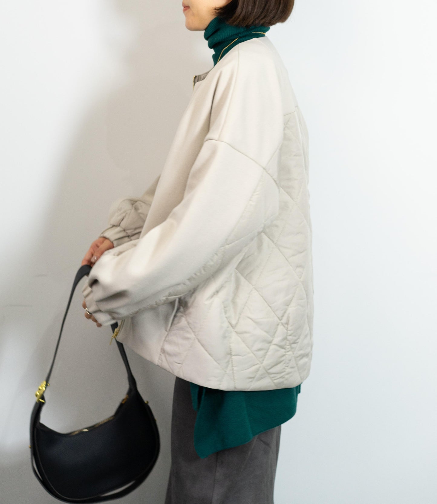 キルティング切替ノーカラーコート