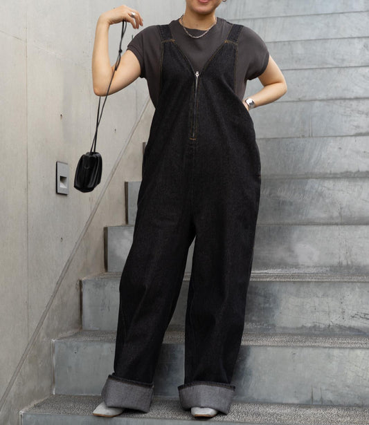 Vネックデニムオールインワン